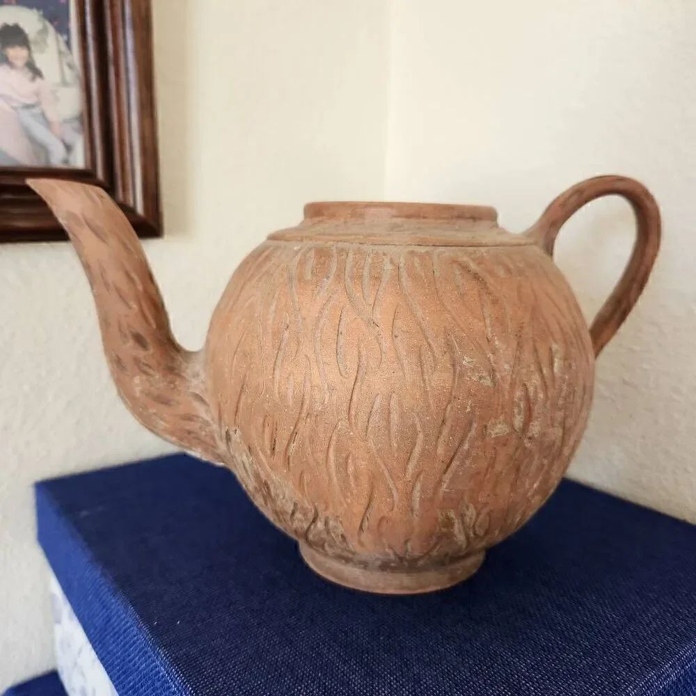 Carved clay teapot pottery tan earthenware stoneware home decor neutral Earth to